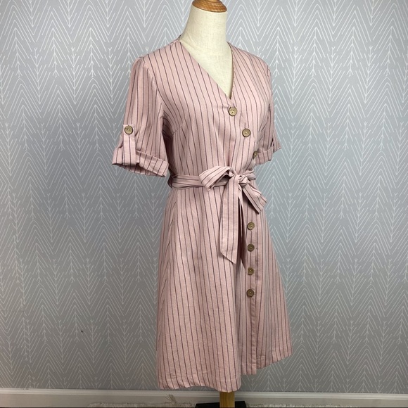 HYFVE Pink Striped Print Short Sleeve Waist Tie Dress. - Picture 5 of 10